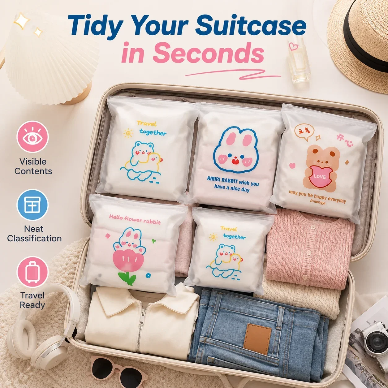 Travel Packing Bags Transparent, Clothes Storage Organizer, Portable Zipper Bags for Luggage and Hospital