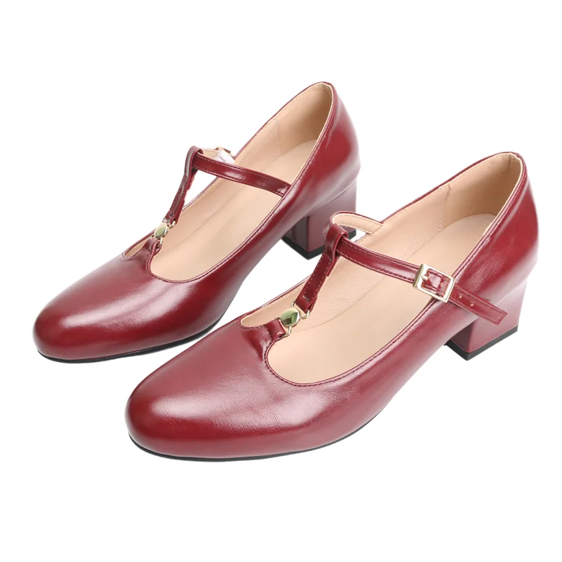 

Meotina/женские туфли-лодочки Мэри Джейн, туфли-лодочки Мэри Джейн с круглым носком и пряжкой на среднем каблуке, с Т-образным завязком, женская модная обувь, весна-осень 46
