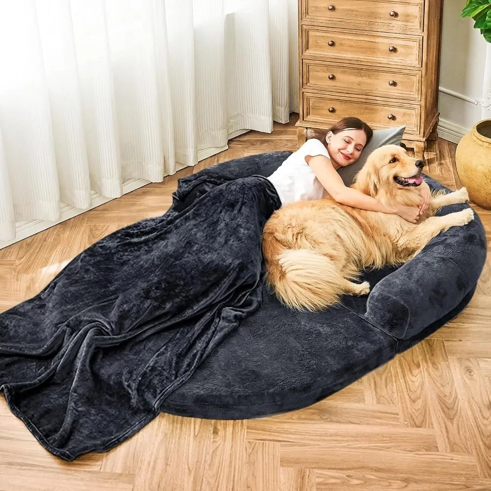 Dog Bed with Blanket and Memory Foam, Large Shared Foldable Adjustable Beds, Fluffy Faux Fur Orthopedic Bean Dog Bed