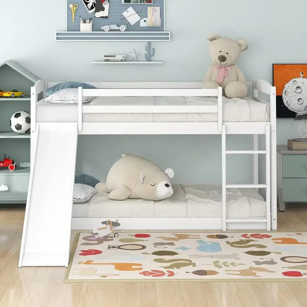 Twin Over Twin Bunk Bed with Slide - Wooden Slat Support, Playhouse Style for Kids