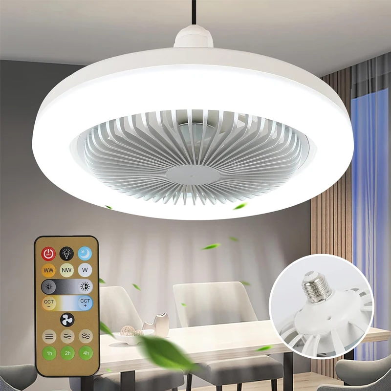 Controle remoto LED Fan Light, modo de 3 velocidades, controle de parede, luz do quarto, lâmpada do teto, E27 Screw Light, 2-em-1