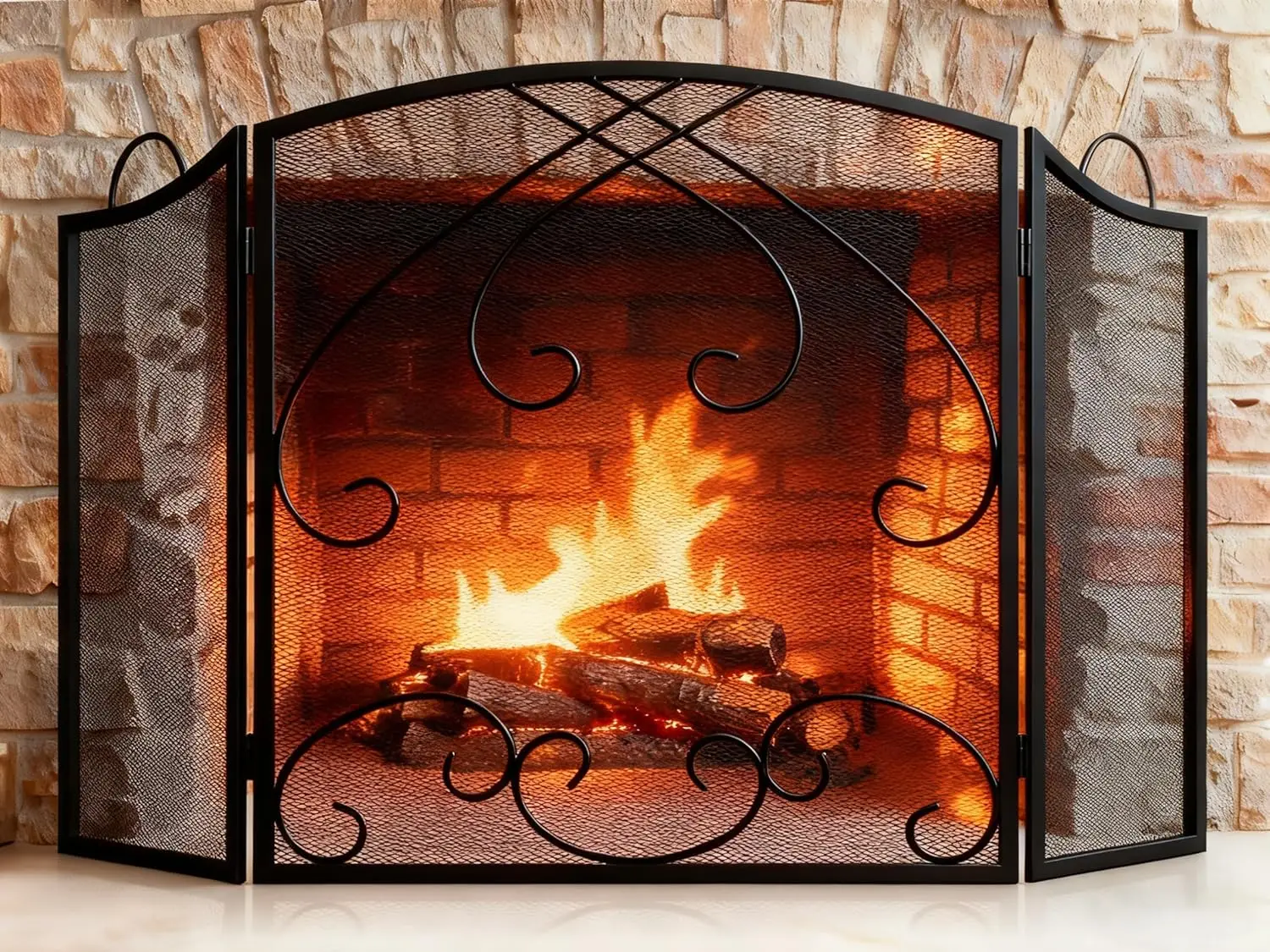 

3 Panel Fireplace Screen with Handles 48" W x 29" H New Version Modern Wrought Iron Decorative Large Fire Spark Guard Grate