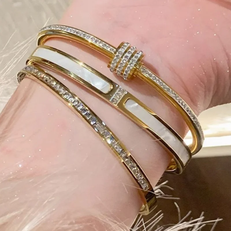 1Pcs/3Pcs Set Fashion Stainless Steel 18K Gold Bangles for Women Trendy Sparkling Zircon Versatile Stacking Bracelet Gift