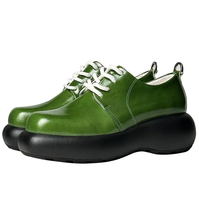 

Green Genuine Leather Casual Shoes Men Fashion Thick Sole Height Increasing Shoes Mens Square Toe Lace Up Derby Shoes