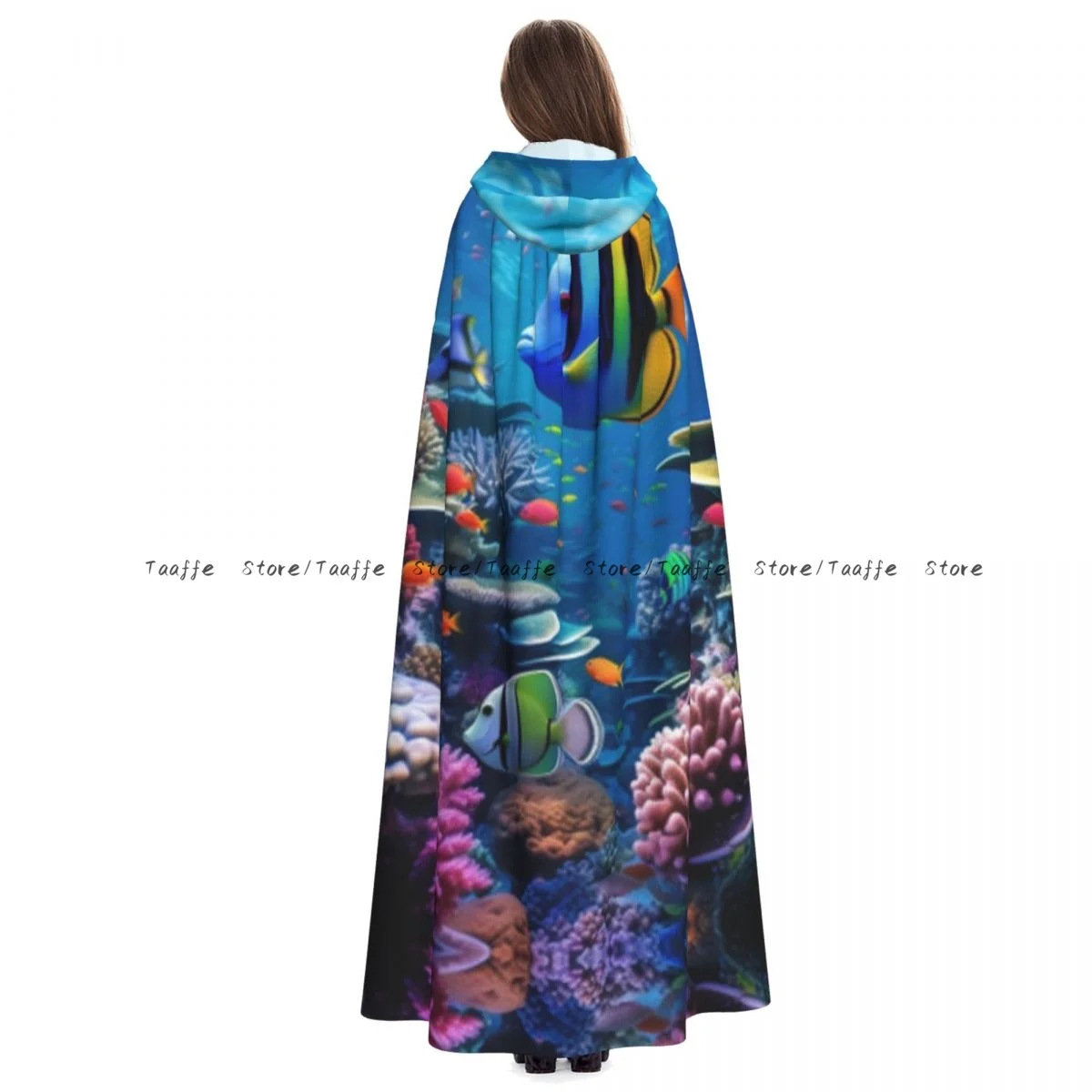 Unisex Halloween Cloak Colorful Fish In Underwater World Scene Cape Hooded Medieval Costume Witch Wicca Vampire