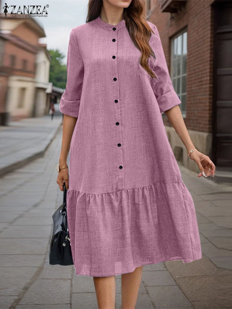 ZANZEA Long Sleeve Commute Solid Vestidos Women O Neck Button Up 2025 Spring Midi Dress Casual Ruffled Hem Holiday Shirt Dress