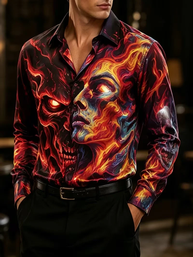 New vacation long sleeved shirt with classical gold curly grass flower pattern, men's fashionable lapel top