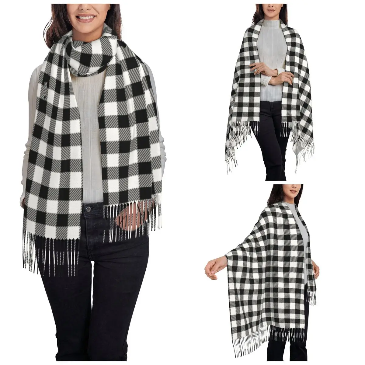 Womens Tassel Scarf Gingham Black White Plaid Check Long Winter Warm Shawl and Wrap Checkered Gifts Pashmina Scarves