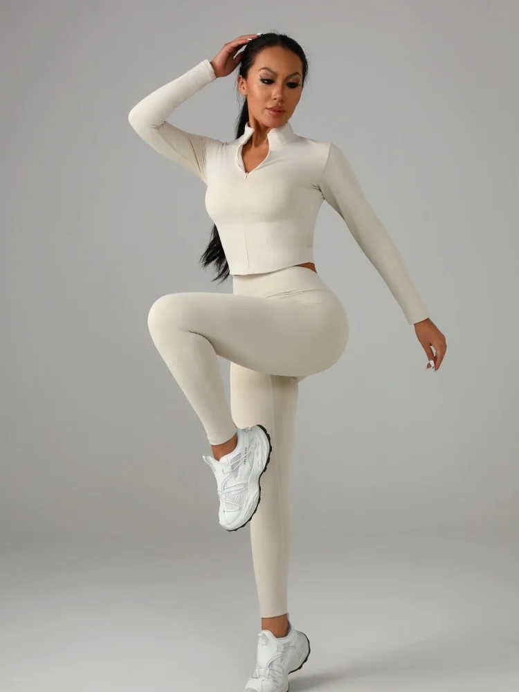 Women's Solid Color Sports Set Long - Sleeve Top + Pants Yoga Fitness Outfit Breathable Quick - Dry Tracksuit