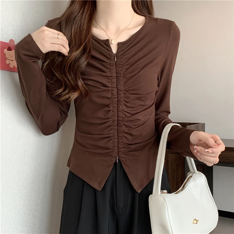 Vintage Pleated Shoulders Slim Tunic Fall Spring Long Sleeve Round Neck Women T Shirt Fashion Harajuku Bodycon Clothes Euro Size