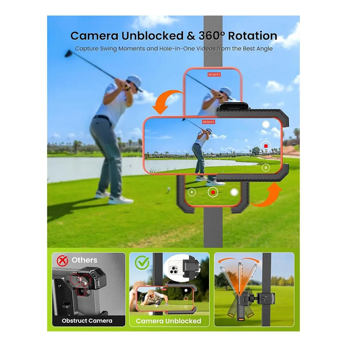 Homegood Golf Cart Phone Holder Mount - 3s Phone Clip Install, 1s Lock & Release,for Phone Caddy for IPhone Galaxy
