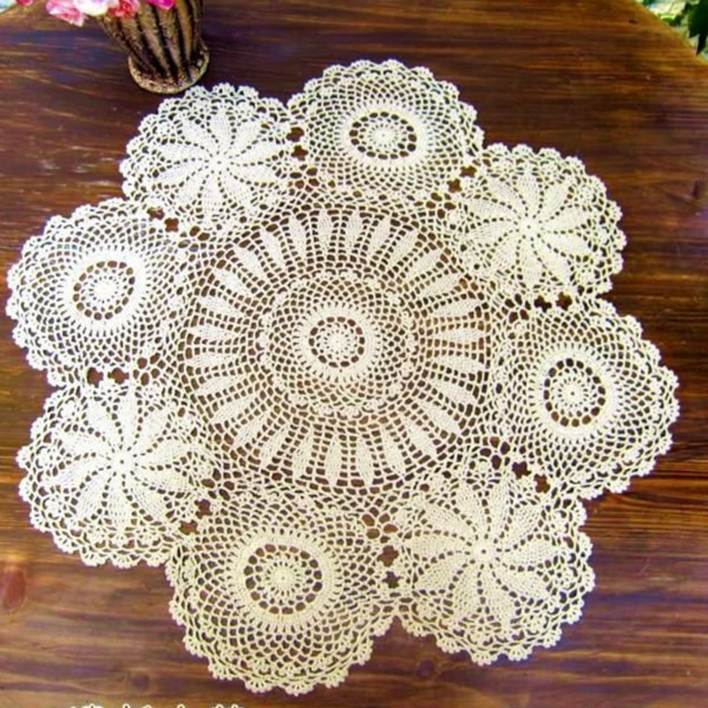 Okrągły szydełkowy obrus Ręcznie robiony koronkowy obrus Vintage Ręczny obrus Szydełkowy biały beżowy kolor