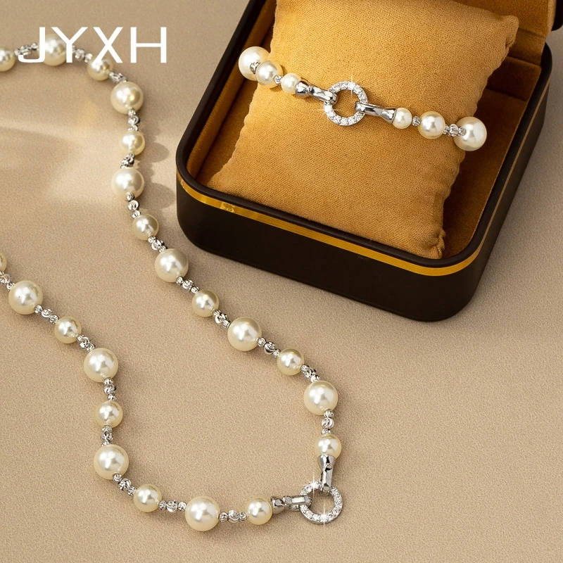 JYXH Elegant Offic Pearl Chokers Necklaces Bracelet Sets For Women Party Wedding Fashion Trendy Cubic Zirconia Jewelry Gifts