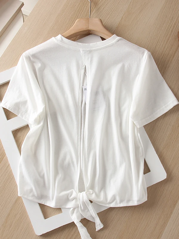 

White Hollow out Strap Bal ort Sve T-irt Women's Summer New Loose Small Size Top Korean Sle Dstring Moisture...