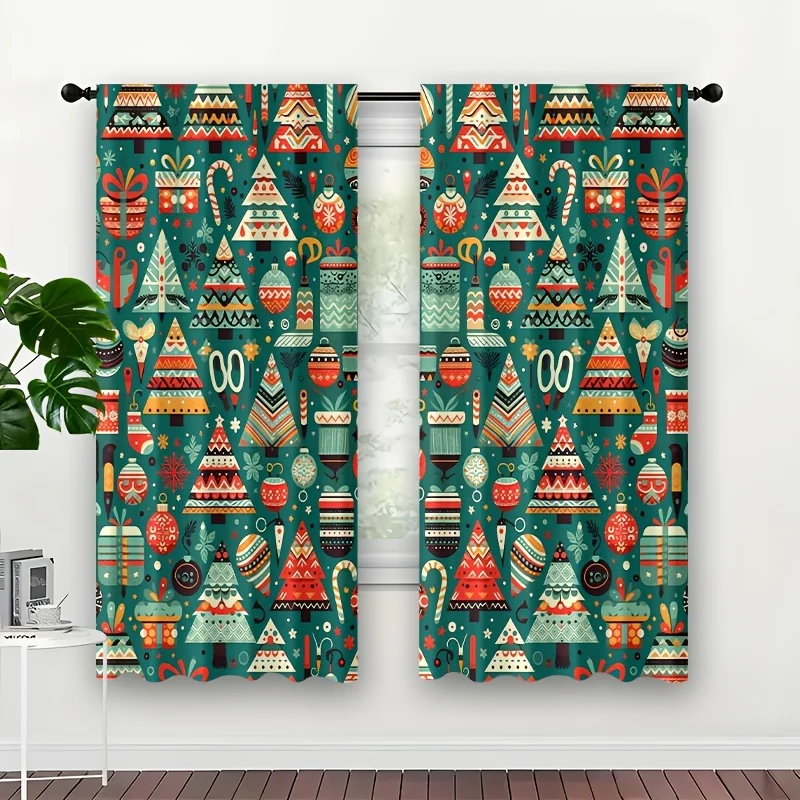 Folk Xmas Tree Curtain Panels, Ethnic Style Xmas Tree Gift Bauble Candy Cane Teal Background Print Drapes for Christmas Bedroom
