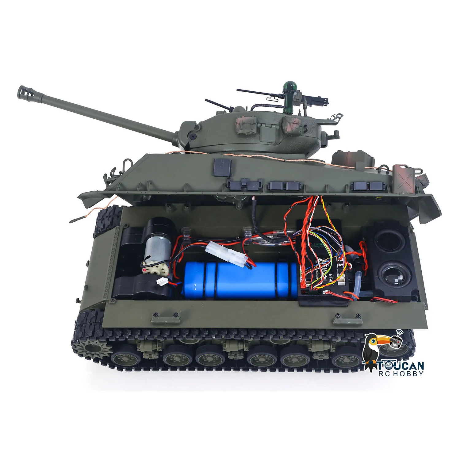 

US Stock 1/16 Remote Control Tank Sherman M4A3 E8 Edition IR BB Barrel Elevation Smoke Metal Chassis Road Wheels 360 Rotation