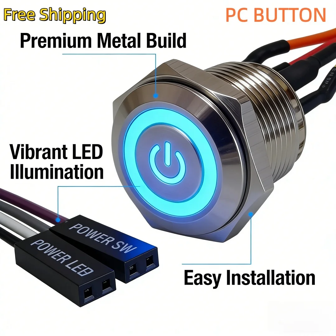 Free Shipping 12mm/16mm/19mm/22mm PC Start Reset Switch LED with 50cm DuPont Line