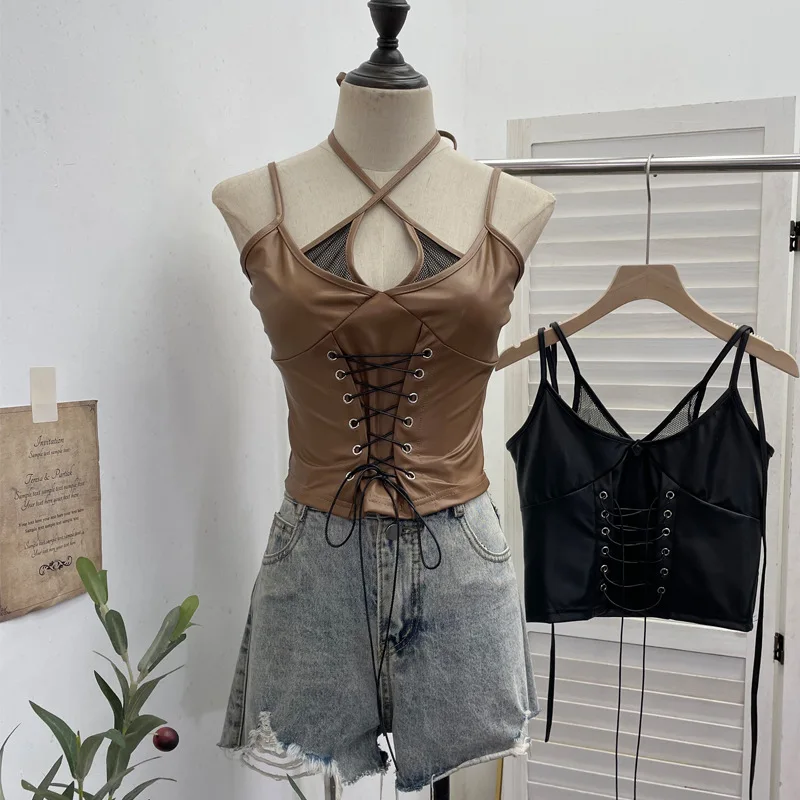 النساء خمر دراجة نارية الشرير بولي Leather الجلود الربط شبكة صيد السمك السباغيتي الحمالات أعلى فتاة باردة حبل سليم قصير الرسن أعلى 8106 #2