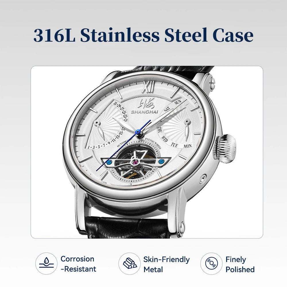 Shanghai Watch Skeletonized Flywheel Men's Mechanical Watch 42mm Automatic Watches Retrograde Day-Date Sapphire Wristwatch S8924
