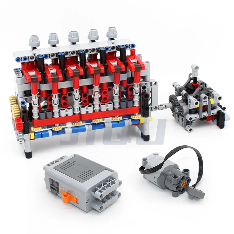 MOC Cylinder 6 Inline Engine with 4 Speed Engine Gearbox Sequential Motor Battery Box Building Blocks Kit DIY Car Model Gift Toy