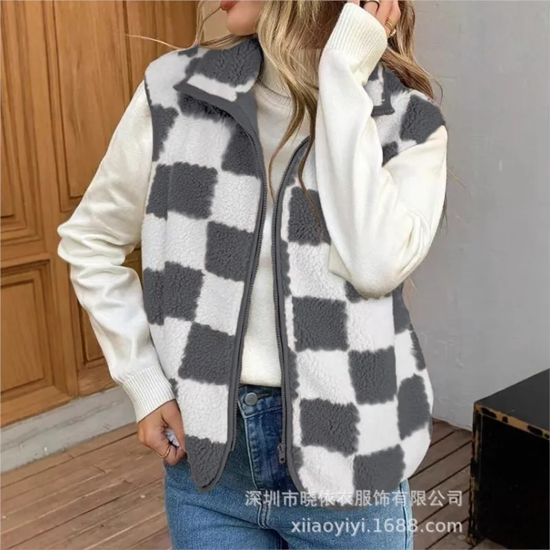 

Womens Lapel Plush Plaid Vest Coat Casual Loose Long Sleeve Zipper Loose Coat Fall Femme 2025 Winter Thick Warm Plush Outwears