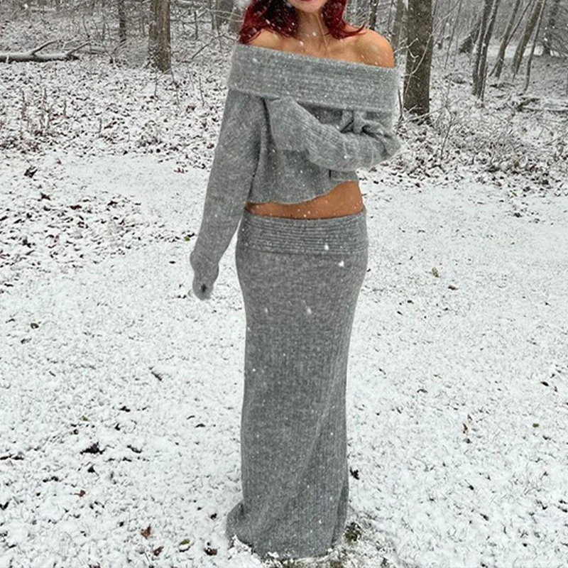 BKLD-Conjunto de 2 piezas gris para mujer, Tops sexys y elegantes con cuello oblicuo, camisetas de manga larga + medias faldas de longitud media, moda de invierno, ropa nueva