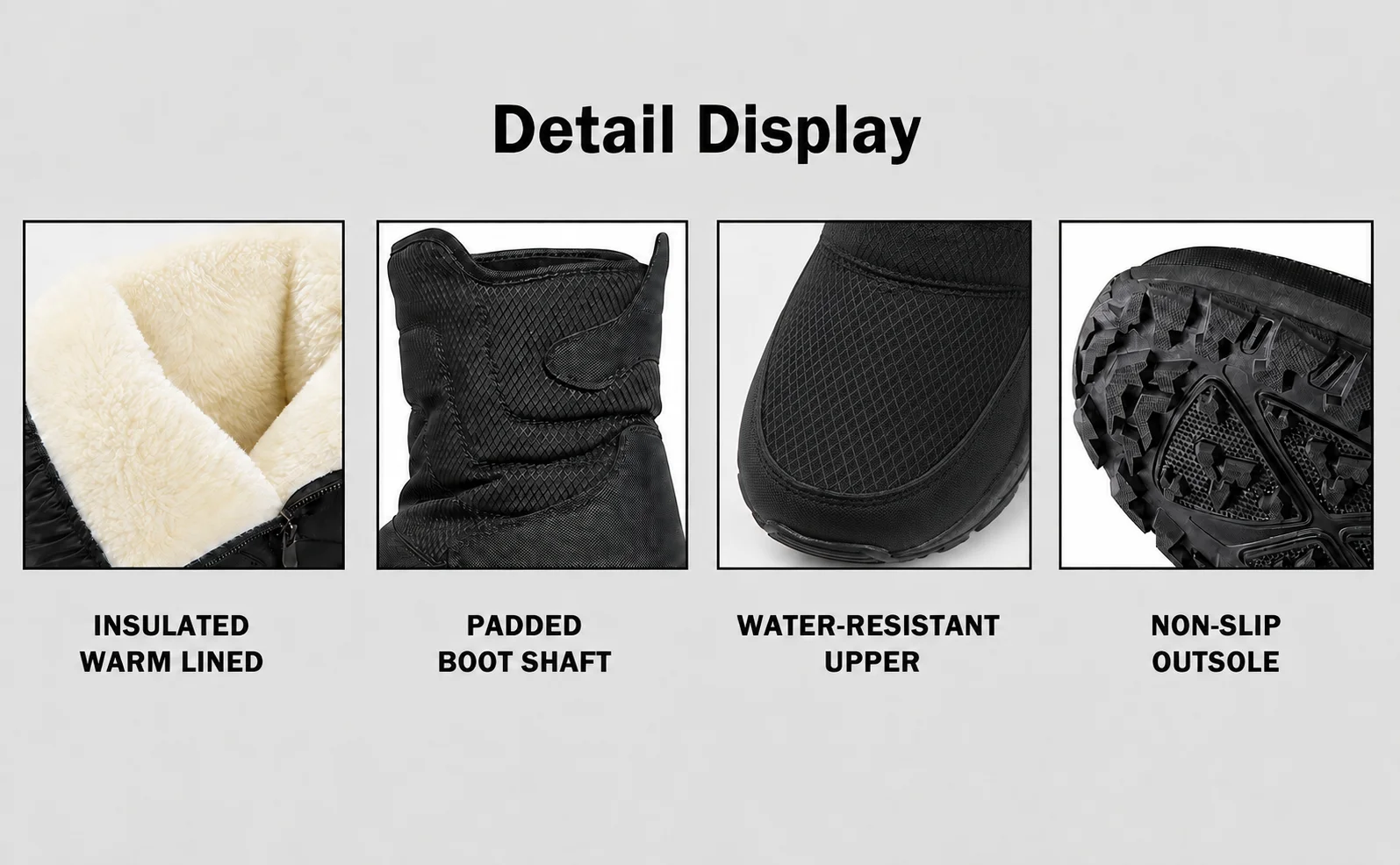 Schwarze Winterstiefel für Damen und Herren, wasserdicht, mit Plüschfutter, Reißverschluss, rutschfest, für Outdoor-Aktivitäten, Arbeit und Wanderungen, in großen Größen erhältlich. – Detail 4