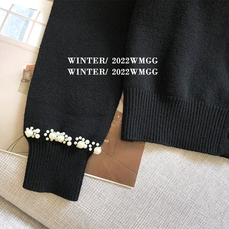 Black Pearl Beading Chic Korean Knit Sweater Cardigan Women 2022 Autumn Fashion Loose Ladies Tops Long Sleeve O-neck Jumpers