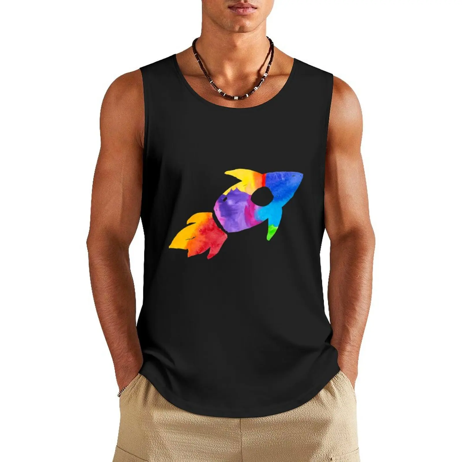 

Watercolor Rainbow Rocket Ship Outer Space Tank Top anime Gym man summer