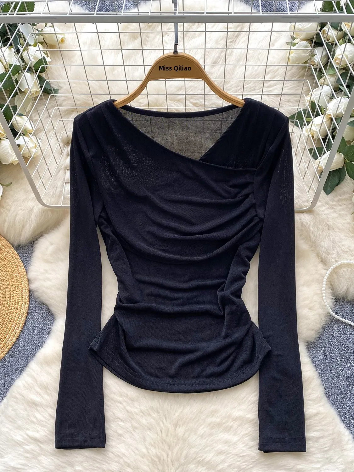 Cseta Sexy de Manga Longa com Decote em V Cruzado para Mulheres, Ajuste Slim, Cintura Ajustada, Top Faionável, Estilo Ca...