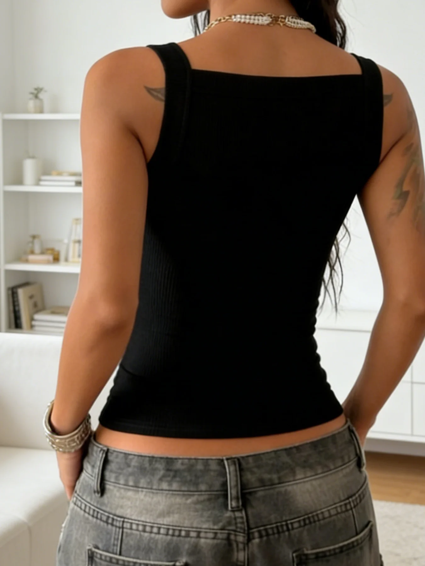 2026 Summer New Women's Hot Girl Punk Metal Buckle Strap Slim Fit Square Neck Tank Top
