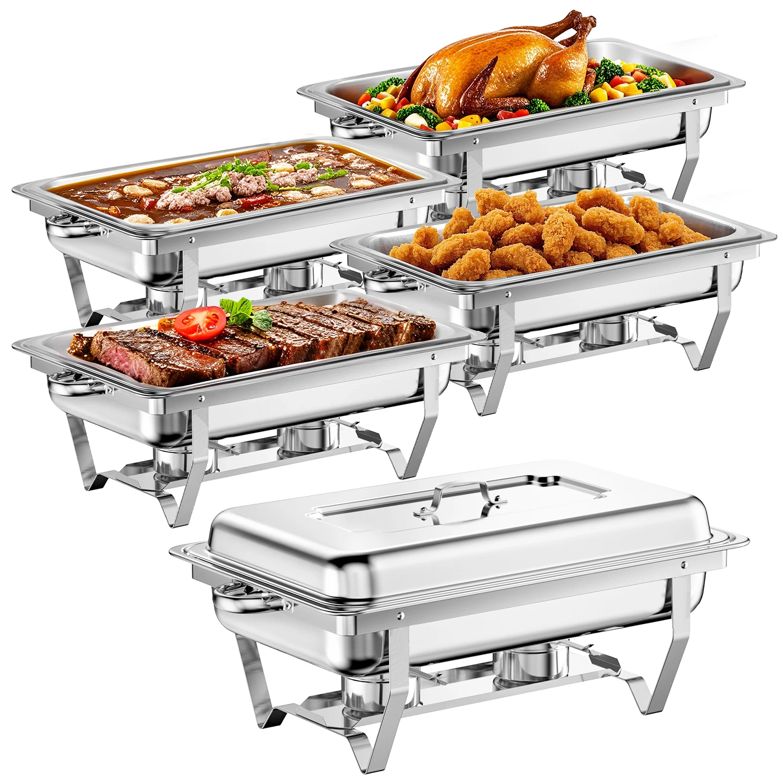BHB 5 Pack Chafing Dishes for Buffet, 8QT Chafing Dish Buffet Set, Roll Edge Designed Mirror-Like Polished Finish Food Warmers for Parties, Birthday, Holiday Parties, Church Events, Etc