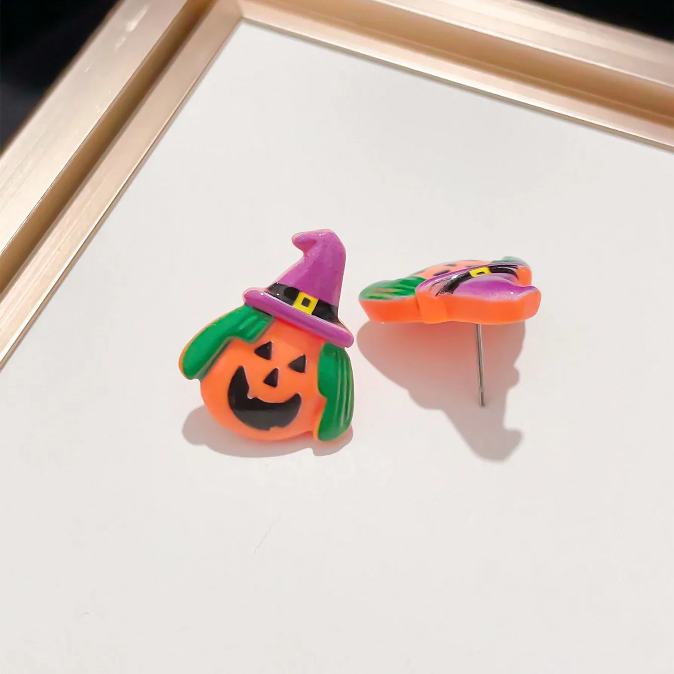 Orange pumpkin Purple Magic hat emoji cartoon Halloween earrings cute funny creative holiday party color best-selling