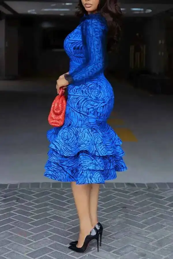 3XL Spring Casual Women's Mesh Splicing Ruffle Party Dress Elegant Office Dress Women's Printed Dress Fashionable Round Neck P4S