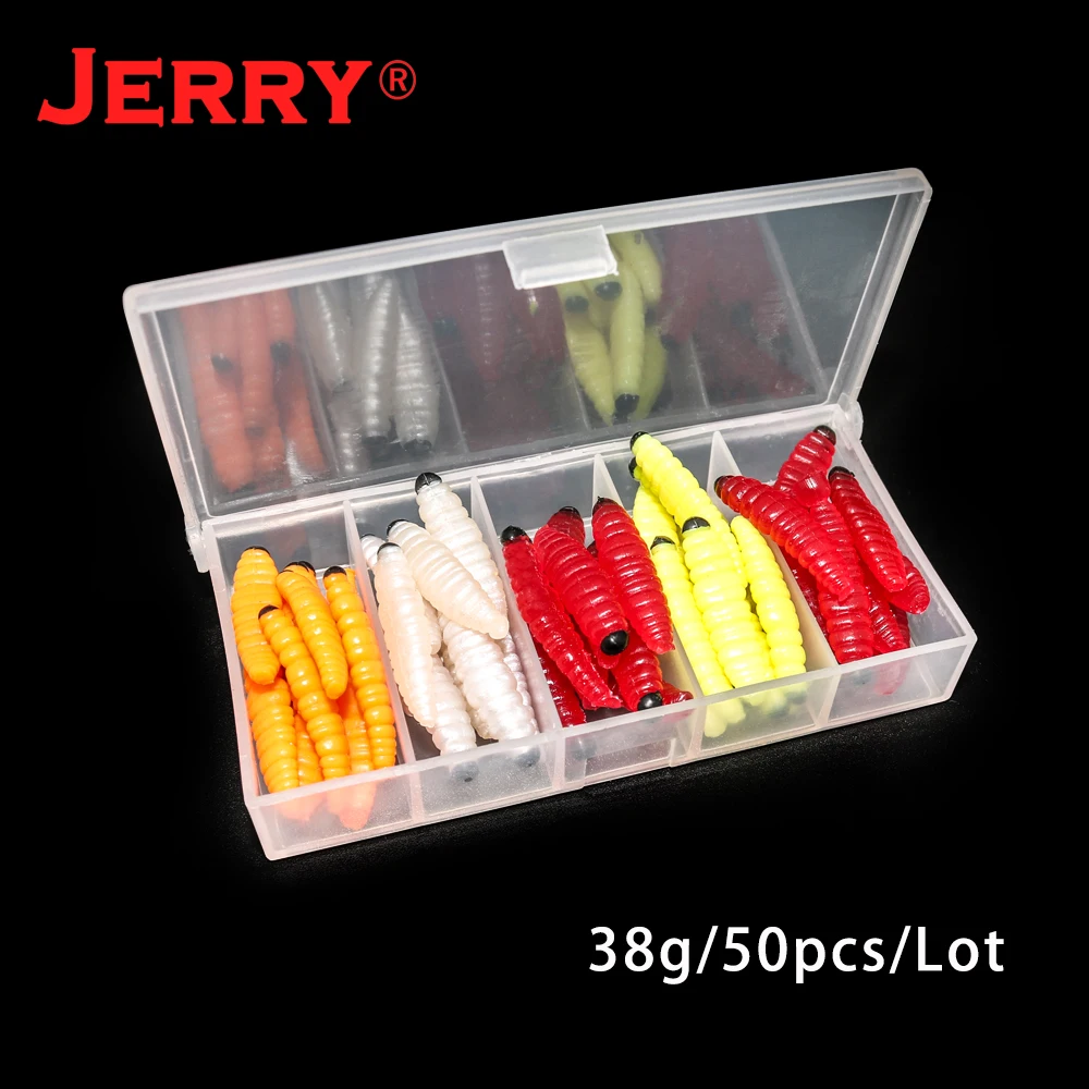 Jerry 50pcs Rainbow Trout Bait Silicone Worms Insect Larvae Soft Artificial Fishing Lures Kit