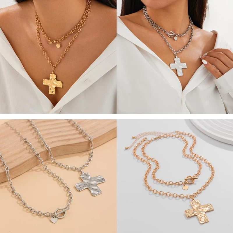 Hot sale Gold Layered Chunky Cross Necklace for Women Cross Layering Pendant Statement Necklace view 5