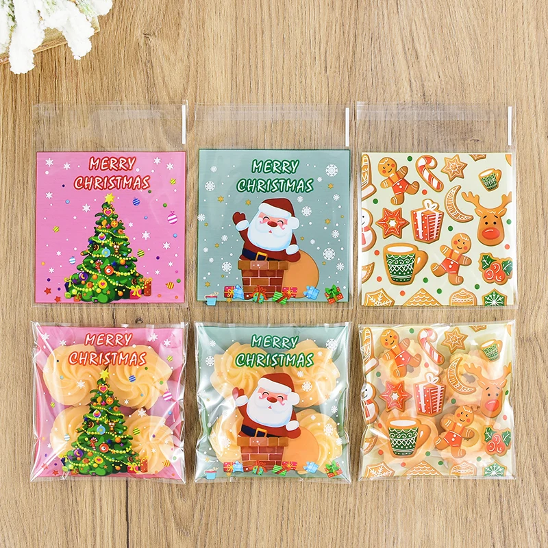 100pcs Christmas Cookie Gift Bags Santa Claus Snowman Biscuit Snack Bag Plastic Packing Bag Navidad Xmas Supplies New Year Party