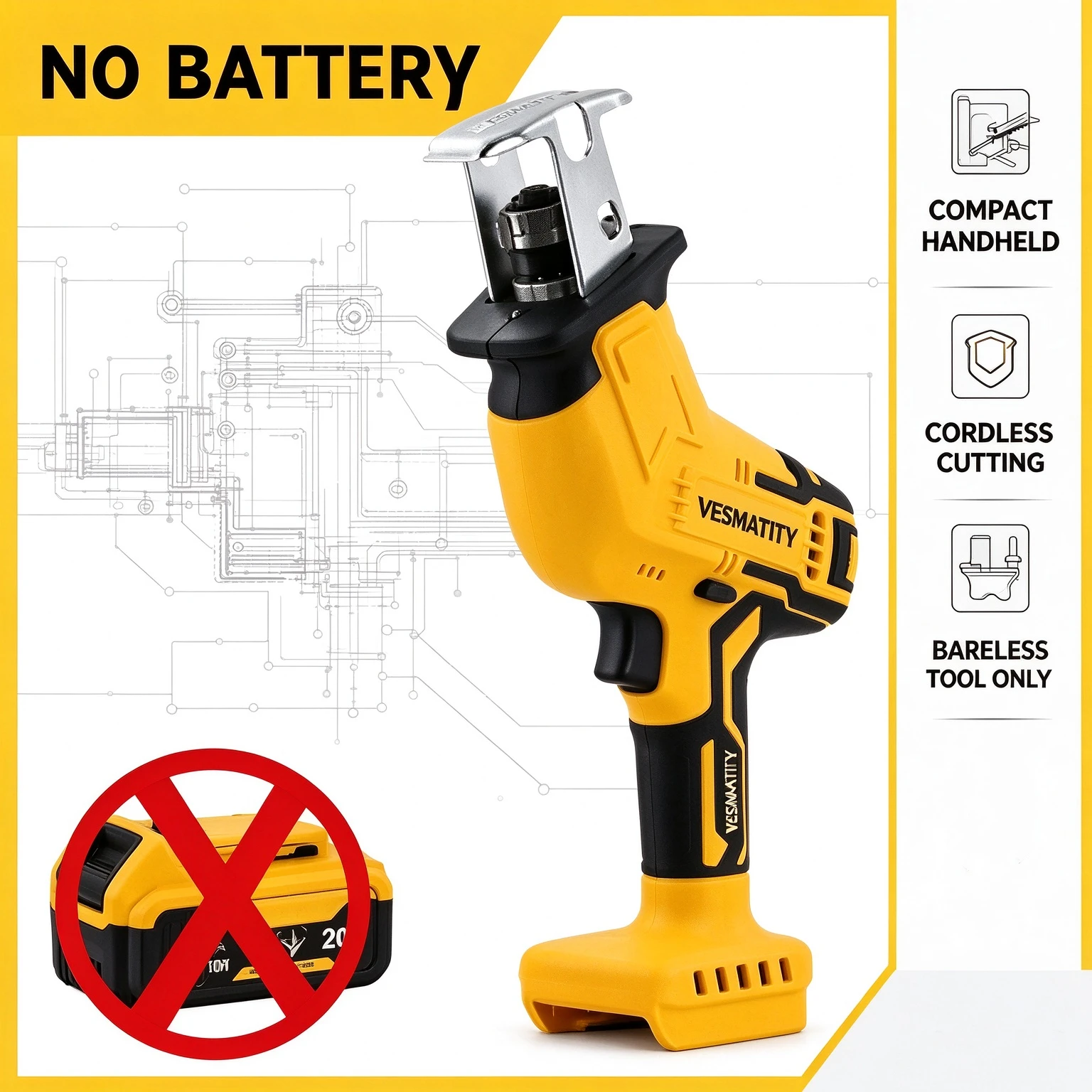 Handheld Electric Reciprocating Saw Cordless Outdoor Cutting Sabre Saw Fit 18V Battery for Wood Branch Metal Pipe Cutting