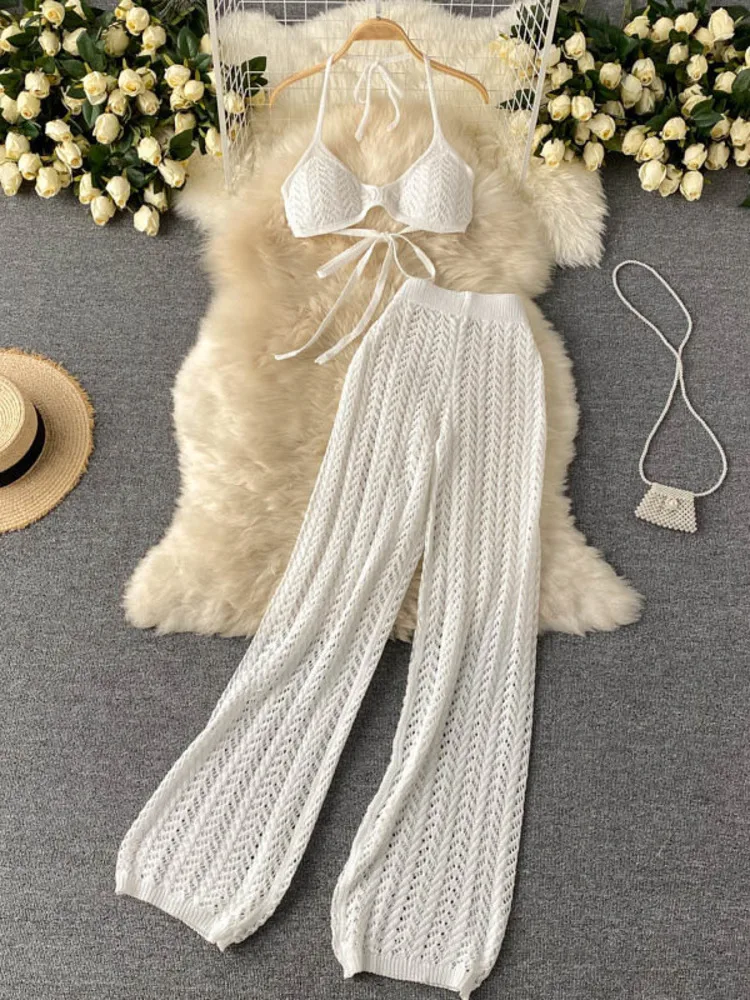 Women Summer Design Knitted Set Sexy Backless Halter Short Tops+Chic Hollow Knitted Wide Leg Long Pants Two Piece Suit