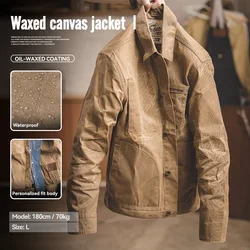 Maden Vintage Men's Canvas Oil Wax Jackets Khaki Multi-pocket Lapel Collar Single-breasted Jacket Windbreaker for Male Outwear