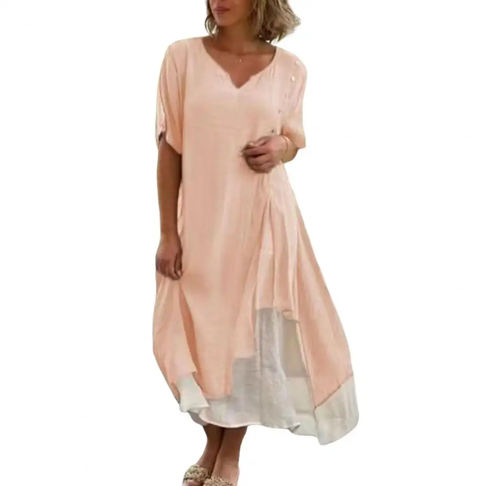 

Women Dress Stylish Women's Midi Dress with V Neck Button Decor Casual Summer Long Dress with Irregular Hemline Soft for A