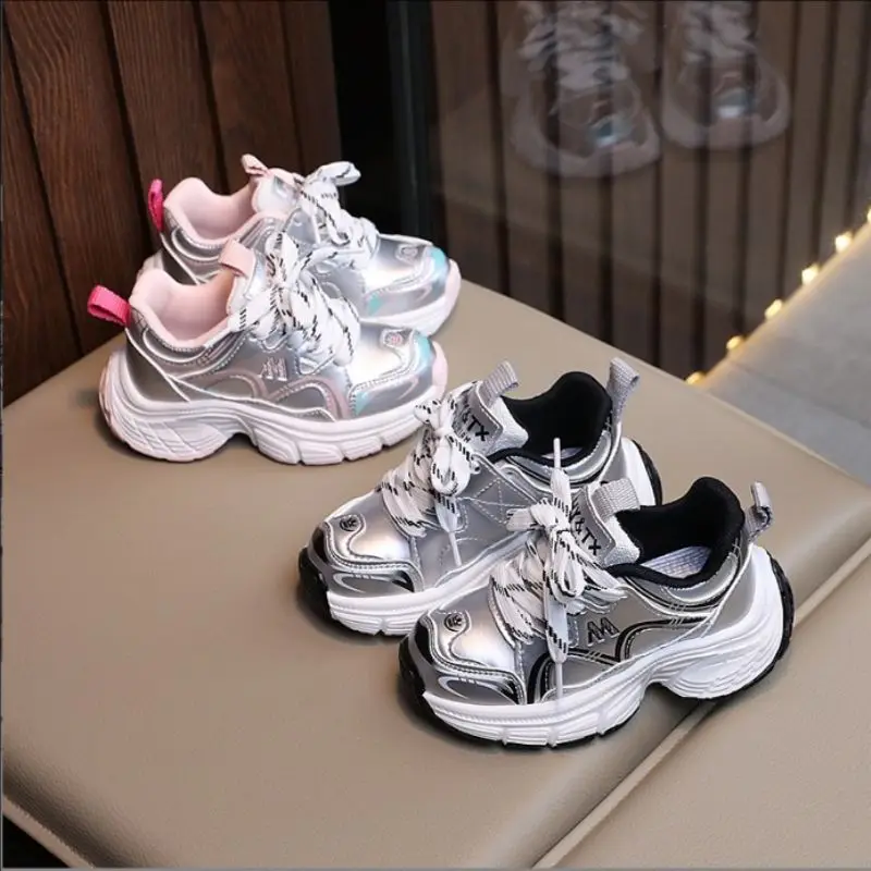 

Size 21-30 Girls' Letter Contrast Light Sports Shoes Spring New Soft Sole Breathable Casual Kids' Tennis Girls' Daddy Shoes