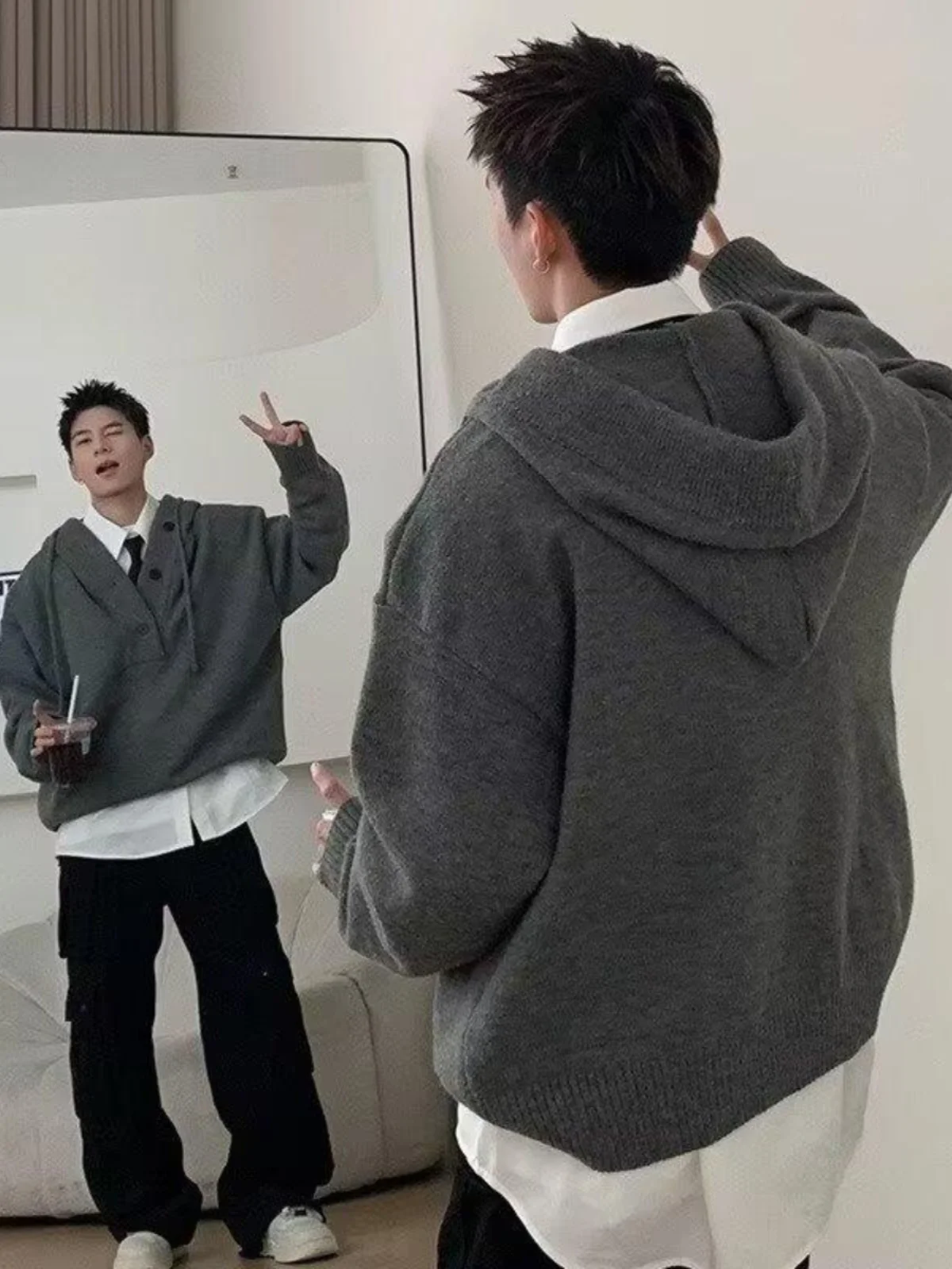 

Американский свободный крой с капюшоном, трикотаж для мужчин, повседневный модный осенне-зимний новый свитер для пар, молодежный активный свитер...