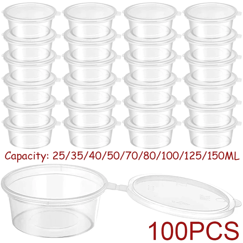 

100PCS Chutney Chili Sauce Cups Disposable Sauce Pot with Lids Kitchen Organizer Food Small Sauce Container Box Plastic Clear