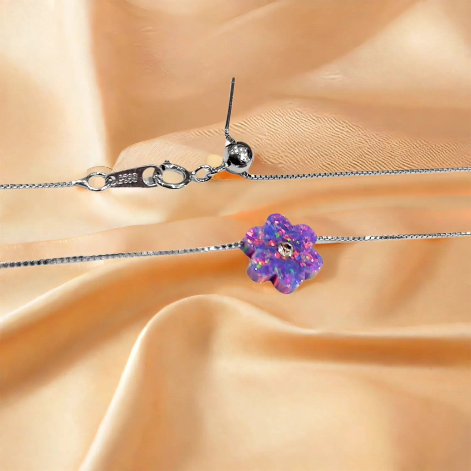 Flower and Leaves Necklace for Men Women Sterling Silver Box Link Chain Fire Opal Necklace