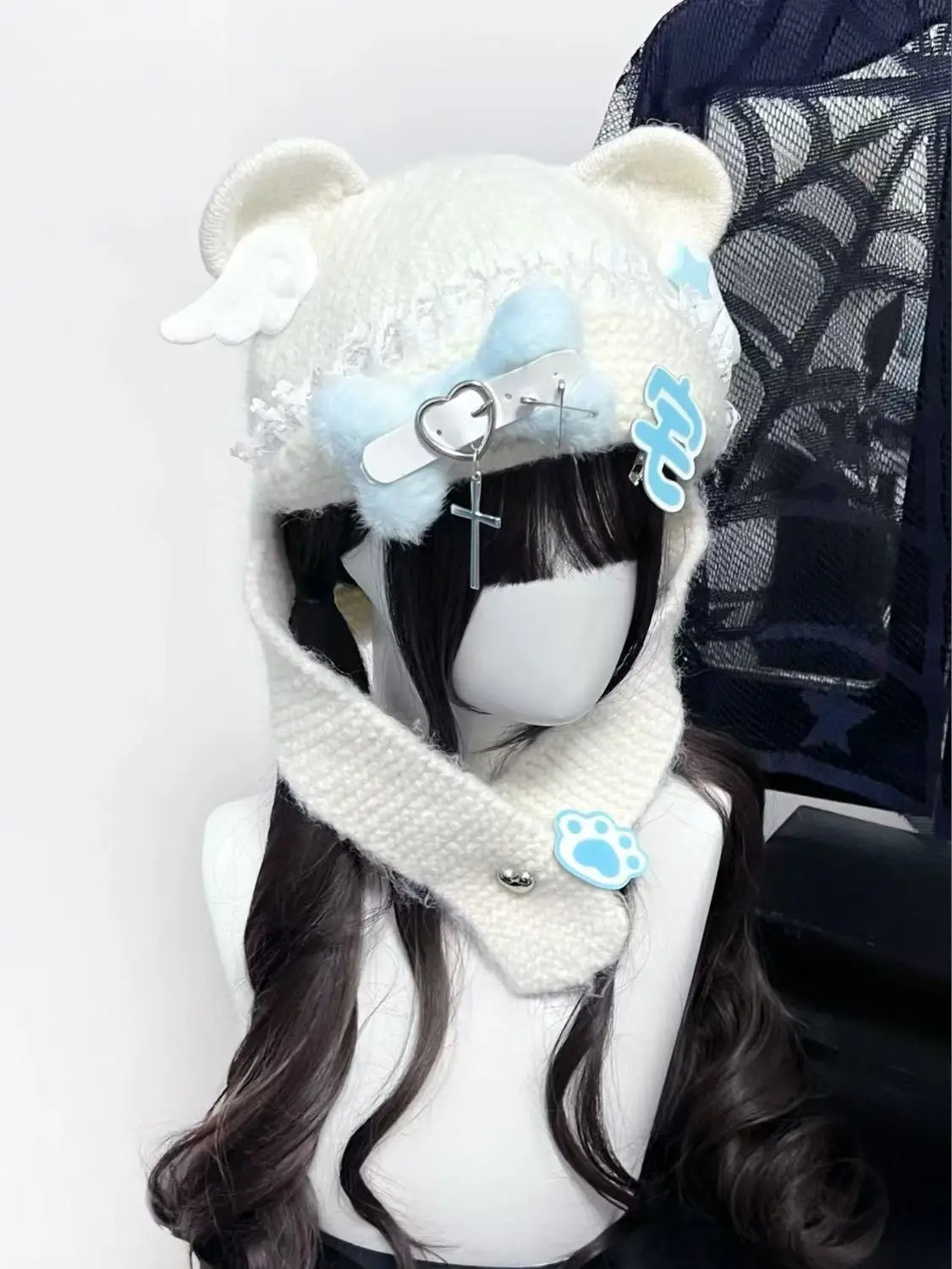 Kawaii اليابانية فتاة قبعة Harajuku الدب قبعات الأذن Y2K القوطية الشرير الخريف الدافئة الدانتيل الملاك الجناح قبعة محبوكة الدفء وشاح قبعة صغيرة