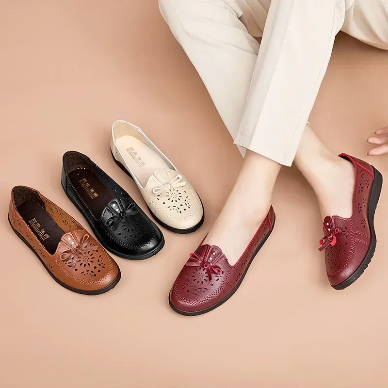 Women Flats Summer Women Genuine Leather Shoes With Low Heels Slip On Casual Flat Shoes Women Loafers Soft Nurse Ballerina Shoes