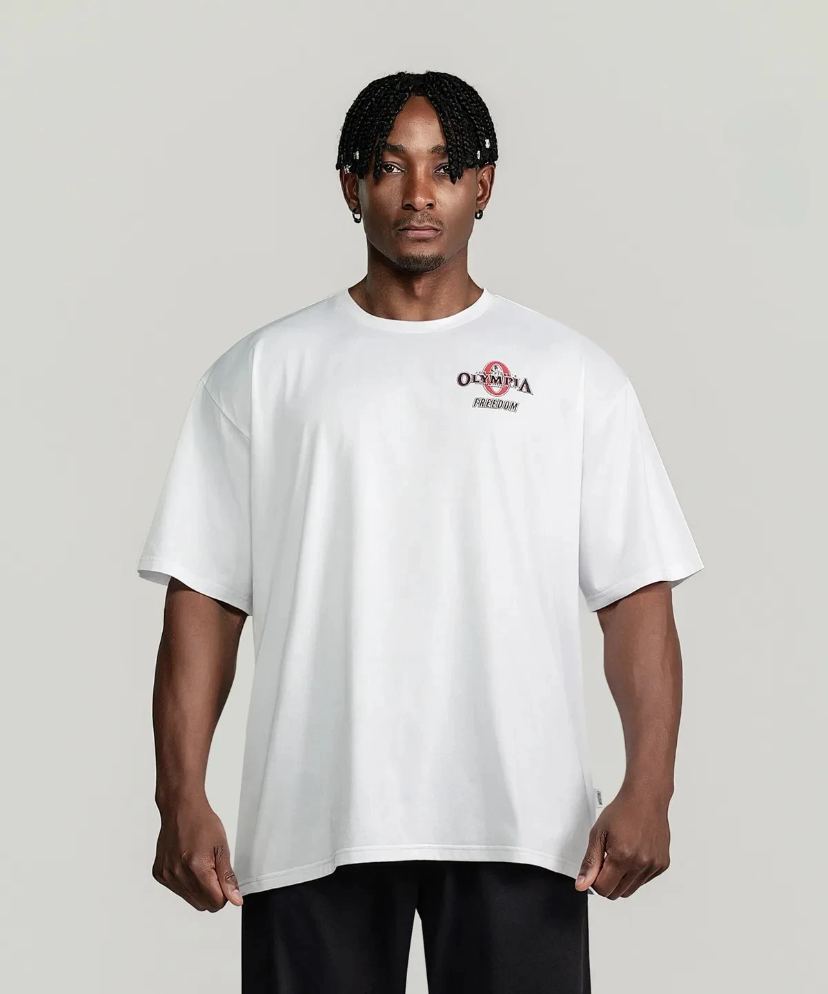 FREEDOM Olympia Semi-Oversized T-Shirt GYM Grafik Baumwoll-T-Shirt mit Aufdruck Hochwertiger Luxus Unisex-Stil für Männer und Frauen – Detail 3