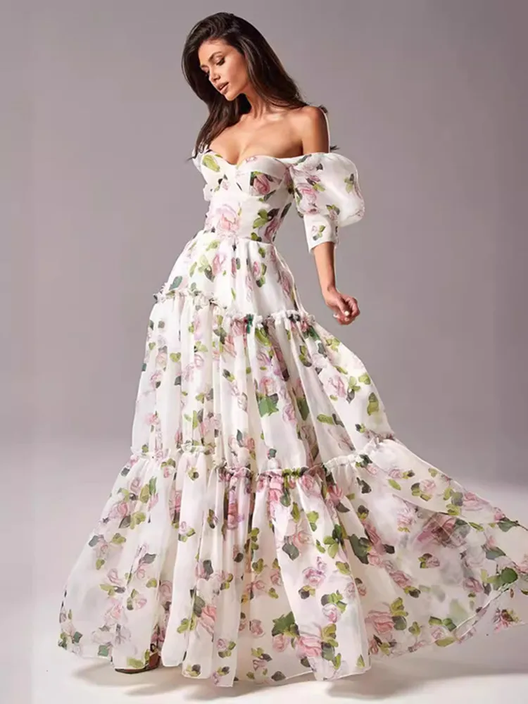 

SKMY New Off Shoulder Women's Clothing Fashionable Printed Organza Fairy Style Long Dresses Party Short Sleeve Evening Dress