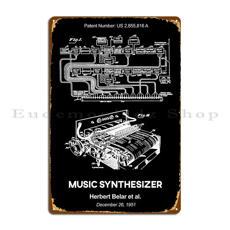 Music Synthesizer Patent White Metal Plaque PaintingCustom Wall Decor Cinema Kitchen Tin Sign Poster